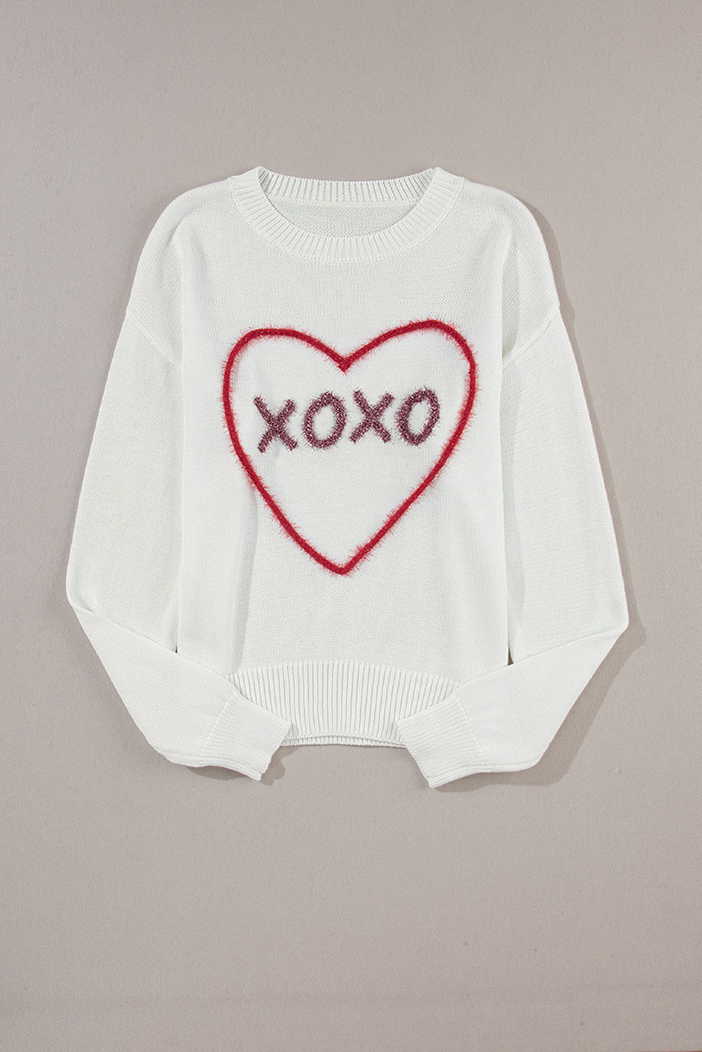 White Heart XOXO Pattern Drop Shoulder Rib Knit Sweater