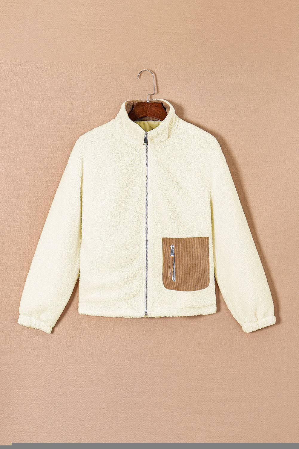 White Contrast Patched Pocket Zipped Sherpa Jacket