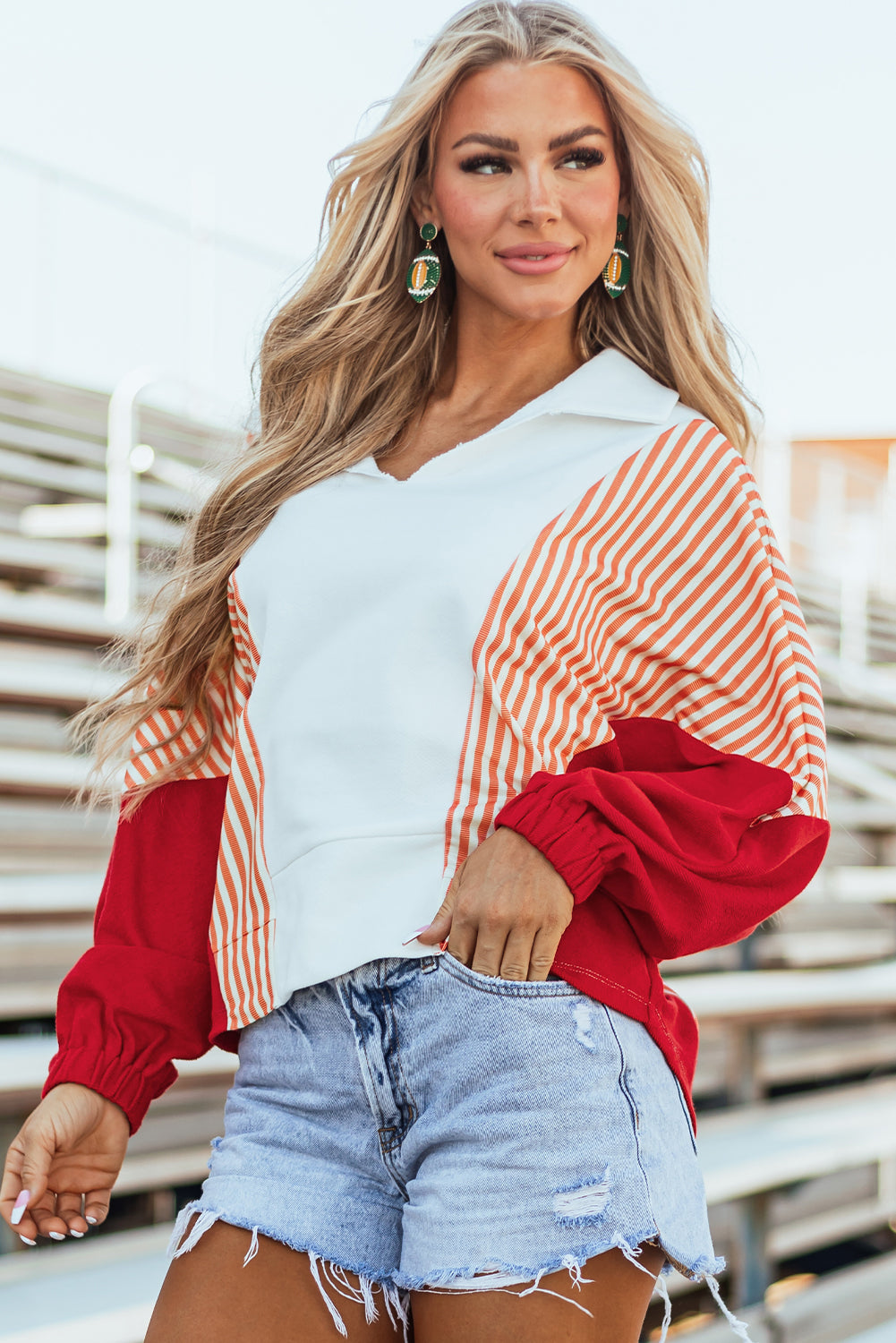 White Striped Color Block Collared V Neck Oversized Sweatshirt