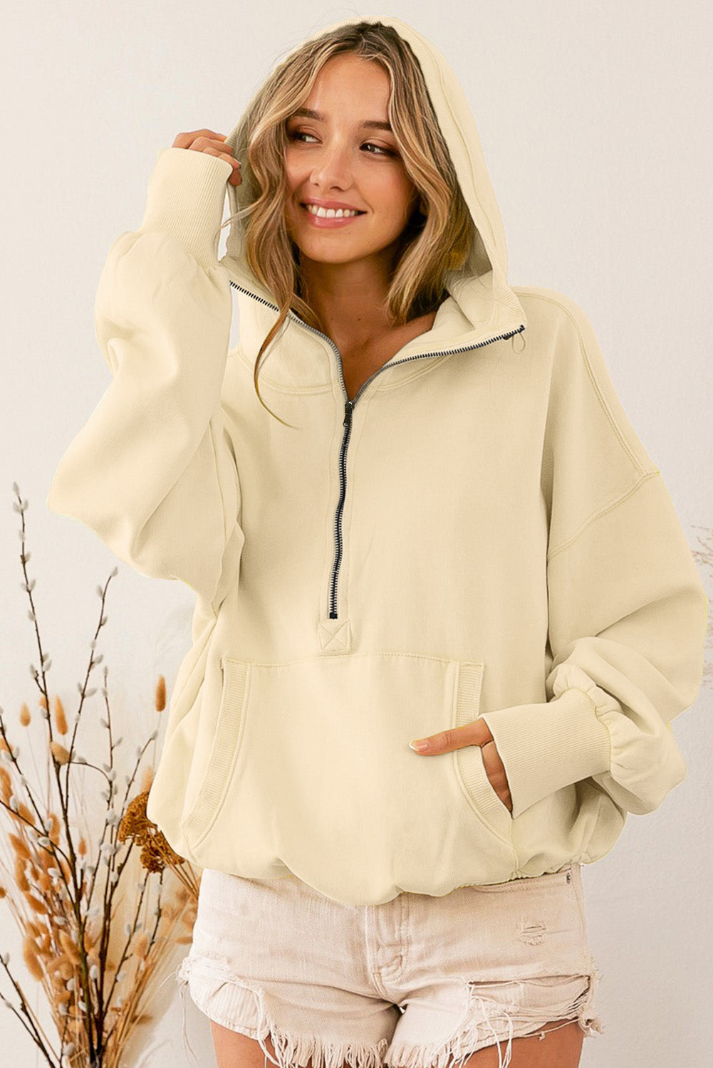 Beige Ribbed Trim Kangaroo Pocket Zipped Hoodie