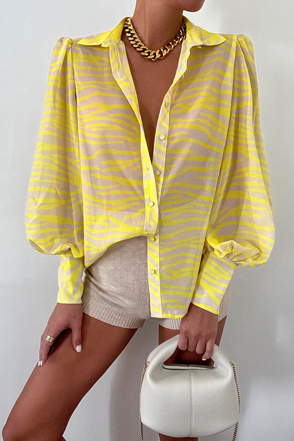 Yellow Zebra Stripes Print Lantern Sleeve Shirt