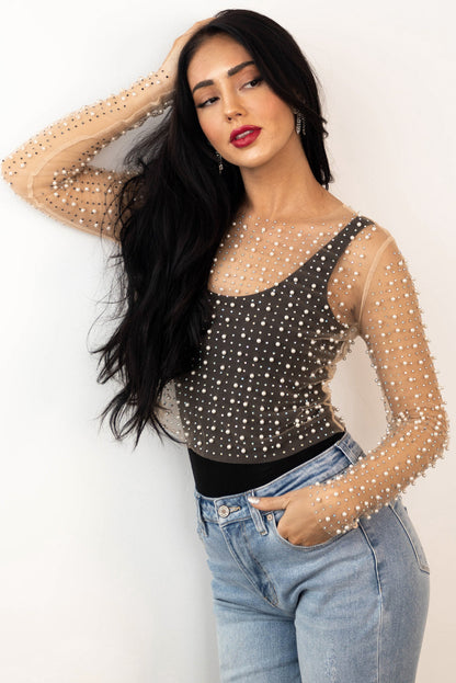 Apricot Pearl and Rhinestone Detail Sheer Mesh Top