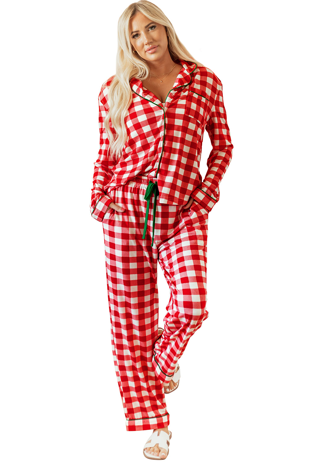 Fiery Red Christmas Plaid Print Shirt and Pants Pajama Set