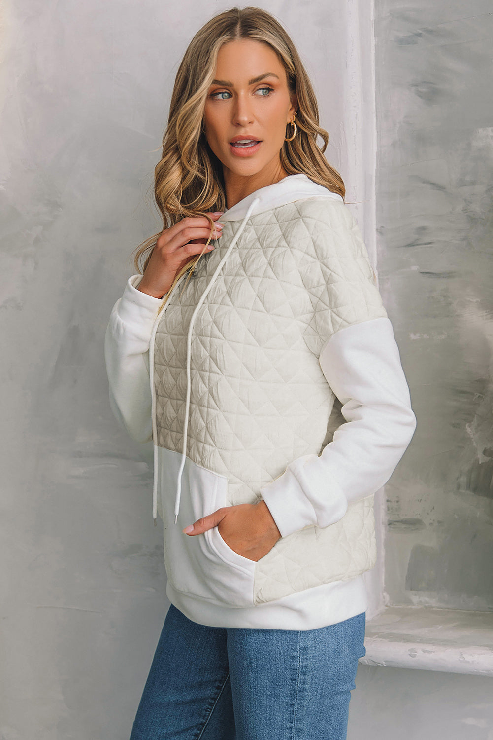 Beige Drop Shoulder Quilted Patchwork Kangaroo Pocket Hoodie