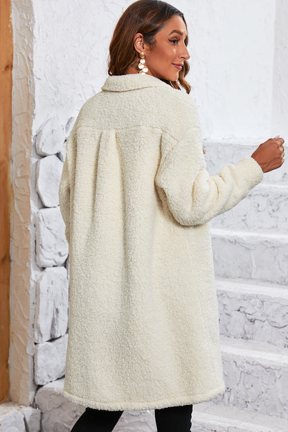 Beige Contrast Flap Pocket Single Breasted Teddy Coat