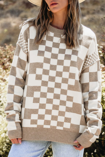 Khaki Checkered Print Drop Shoulder Round Neck Sweater