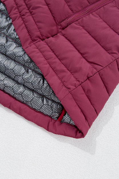 Burgundy Plush Collared Quilted Zipped Puffer Vest