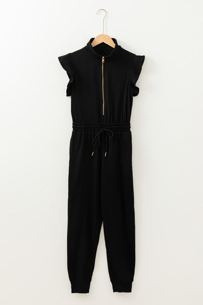 Black Zipper Flutter Sleeve Drawstring High Waist Jumpsuit