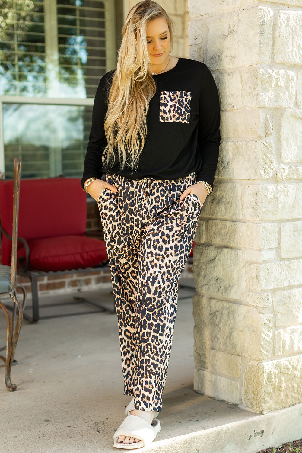 Black Leopard Patched Pocket Long Sleeve Top Plus Size Pants Set