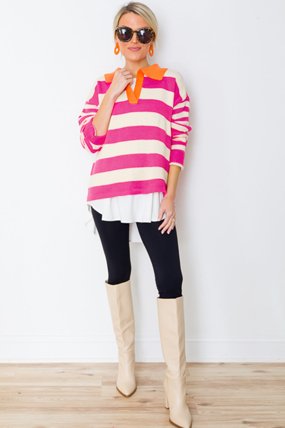 Rose Stripe Color Block Collared V Neck Drop Shoulder Sweater