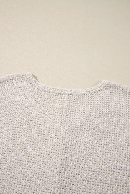 White Waffle Knit Side Slits Loose Fit V Neck Top