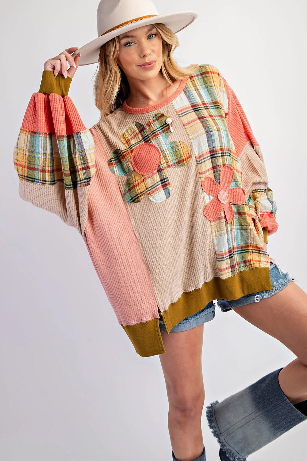 Multicolour Waffle Knit Plaid Patchwork Side Slits Loose Sweatshirt