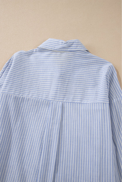 Sky Blue Stripe Ruffled Button up Long Sleeve Shirt