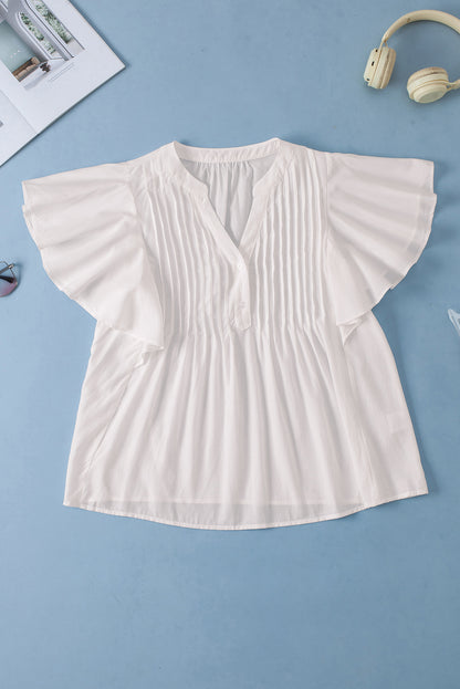 White V Neck Pleated Front Ruffled Sleeve Shirt