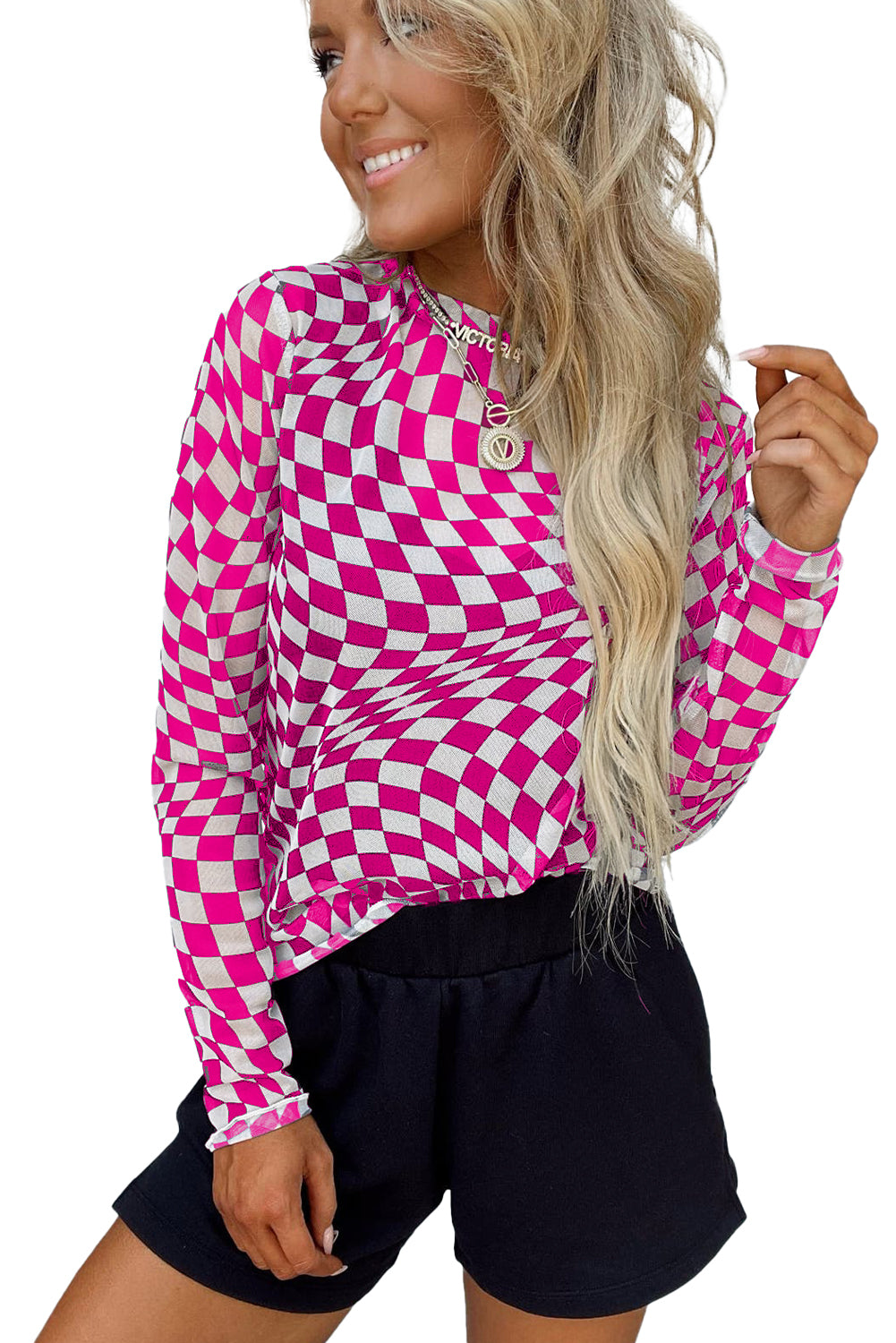 Rose Checkered Pattern Mesh Mock Neck Long Sleeve Top