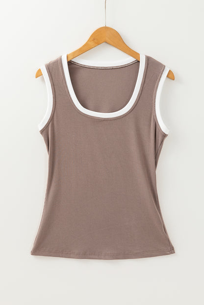 Smoke Gray Ribbed Knit Colorblock Edge U Neck Slim Fit Tank Top