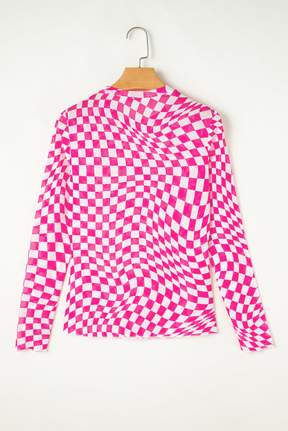 Rose Checkered Pattern Mesh Mock Neck Long Sleeve Top