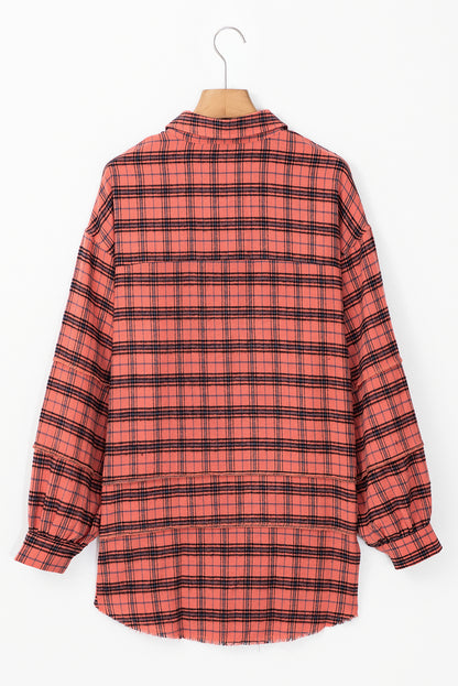 Red Plaid Long Sleeeve Side Split Distressed Hem Shirt