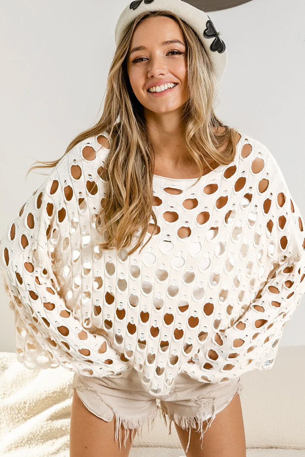 Beige Hollow-out Eyelet Knit Sweater