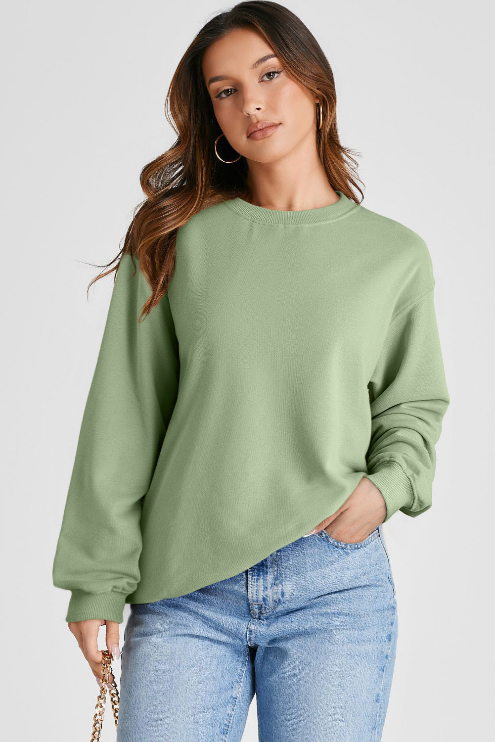 Smoke Green Plain Drop Shoulder Crewneck Pullover Sweatshirt