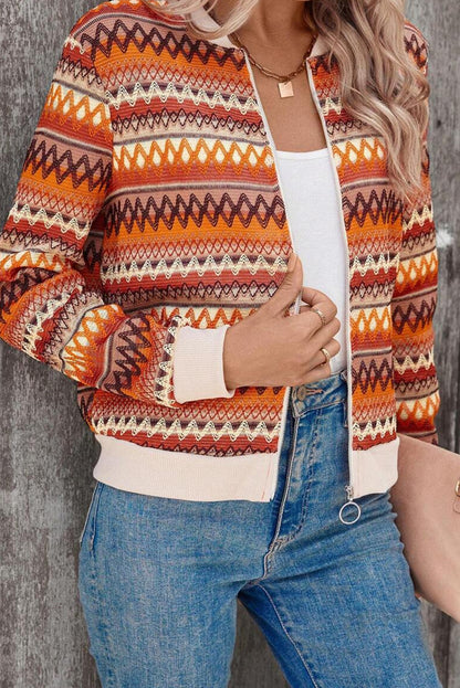 Orange Boho Striped Zip Up Long Sleeve Jacket