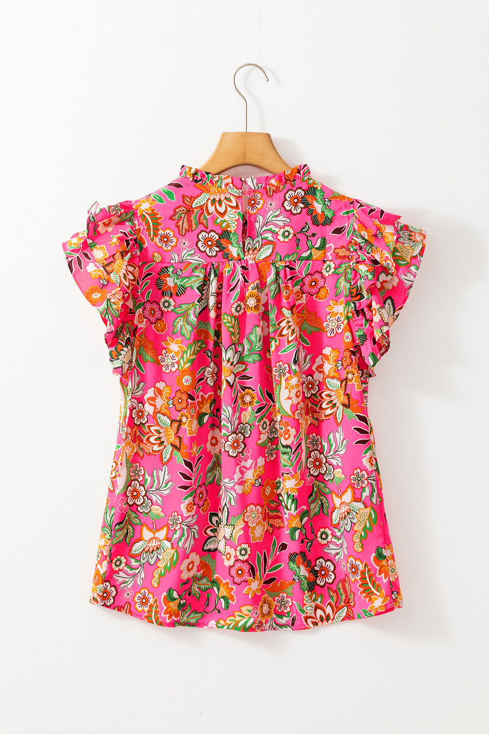 Rose Floral Print Pleated Ruffled Sleeve Summer Blouse