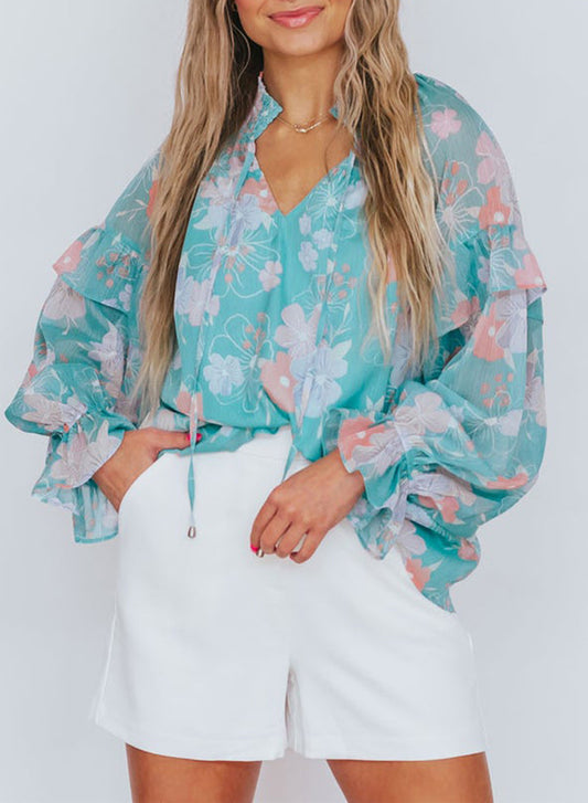 Sky Blue Floral Split Neck Ruffled Puff Sleeve Blouse