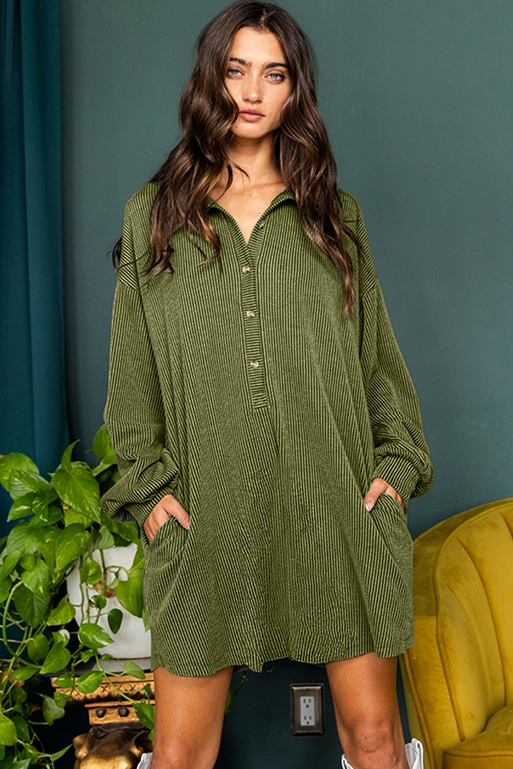 Moss Green Corded Buttons Placket Drop Shoulder Collared Shift Dress