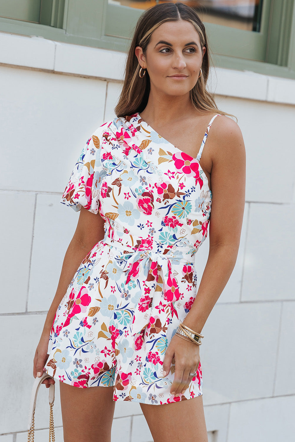 White Floral Single Bubble Sleeve Slant Shoulder Romper