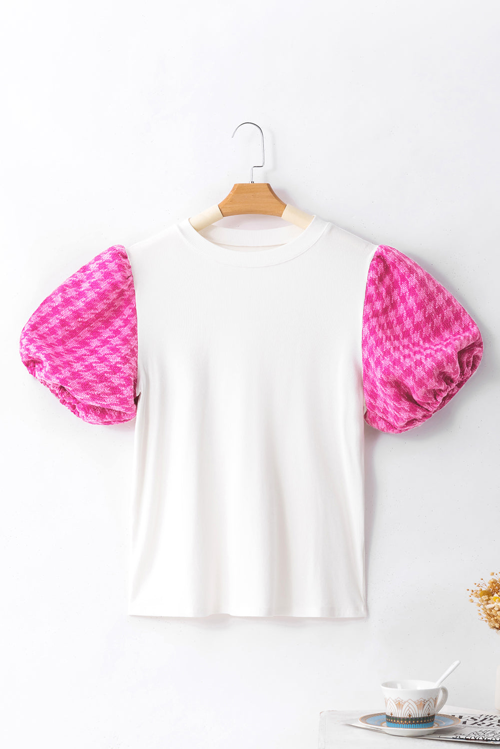 White Contrast Tweed Puff Sleeve Top