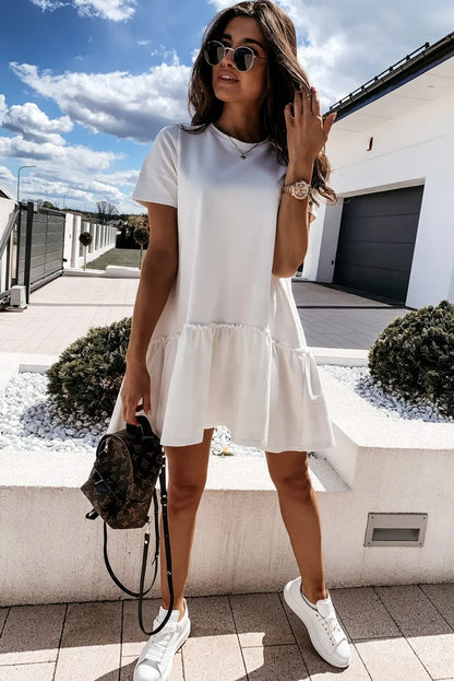 White Frilly Splicing Hem Short Sleeve Casual Dress