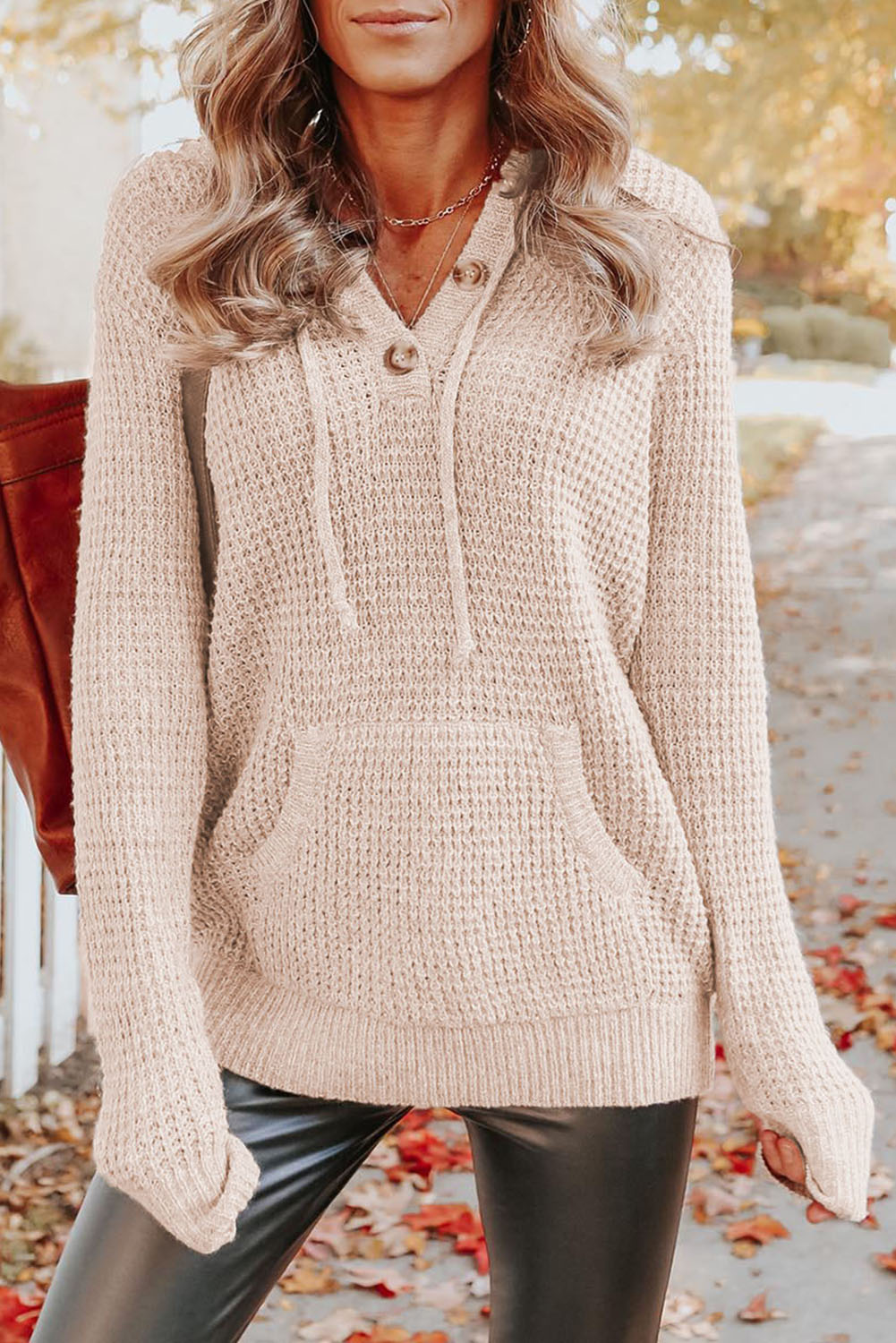 Apricot Waffle Knit Buttons Hooded Sweater with Pocket