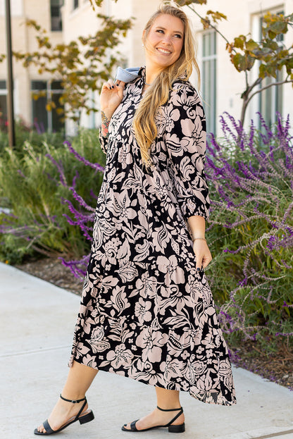 Black Plus Size Floral Printed Puff Sleeve Collared Maxi Dress