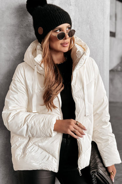 White Solid Quilted Hooded Zip Up Puffer Jackets