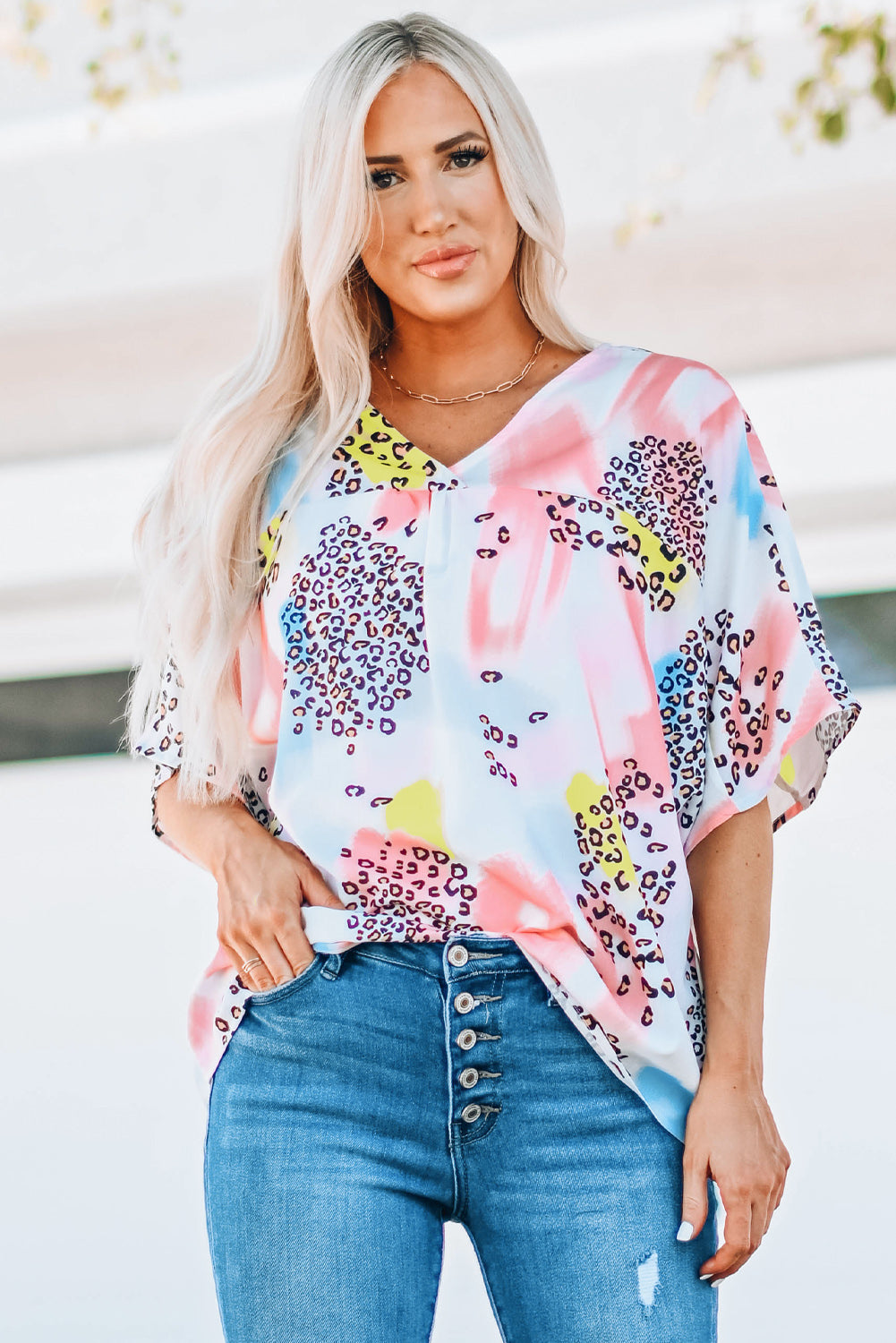 Animal Watercolor Mixed Print Loose Top