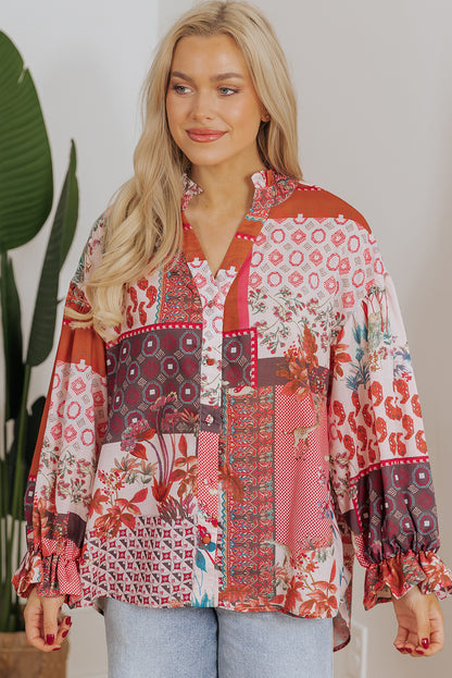 Red Boho Geometric Mixed Print Patchwork Bubble Sleeve Shirt