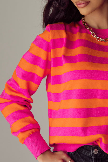 Rose Stripe Shoulder Pad Round Neck Sweater