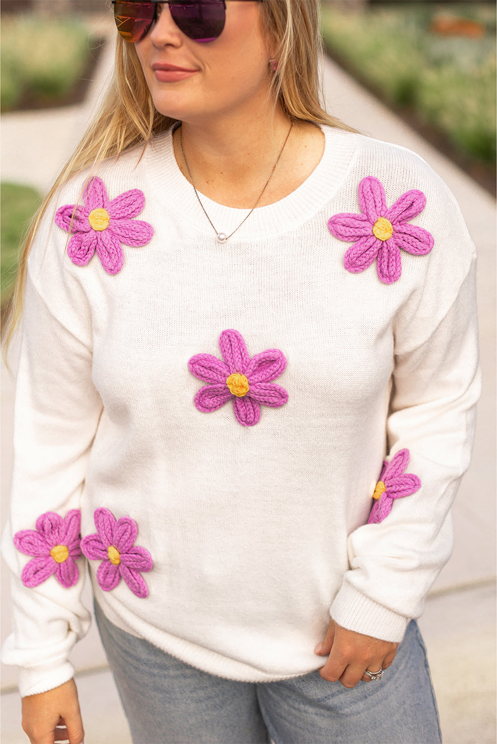 White Plus Size Flower Crochet Drop Shoulder Knit Sweater