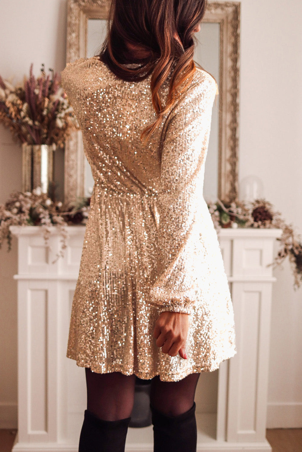 Apricot Wrapped V-neck Sequin Dress