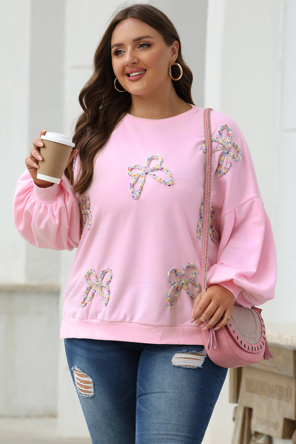 Light Pink Embroidered Bow Lantern Sleeve Oversized Pullover Sweatshirt