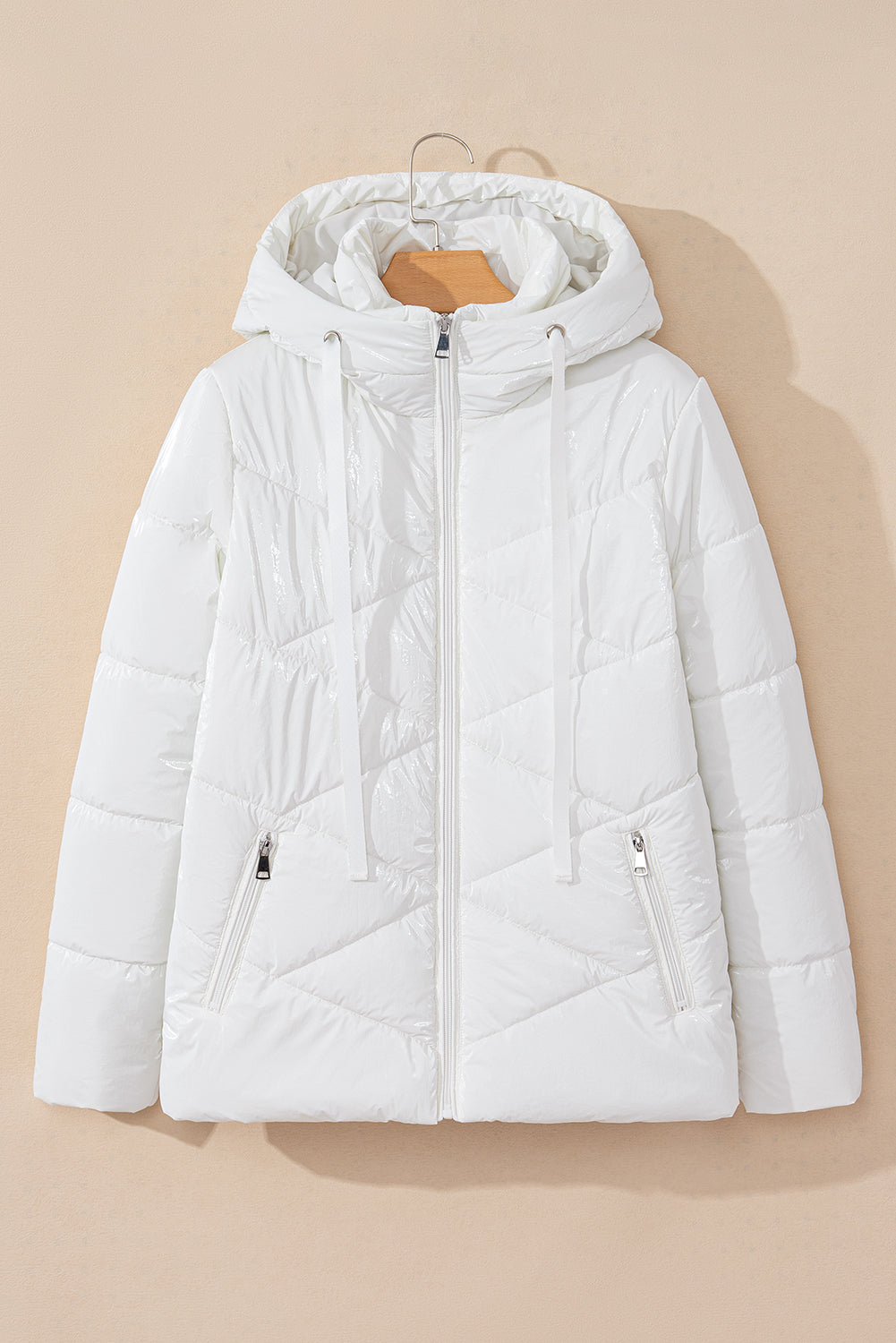 White Solid Quilted Hooded Zip Up Puffer Jackets