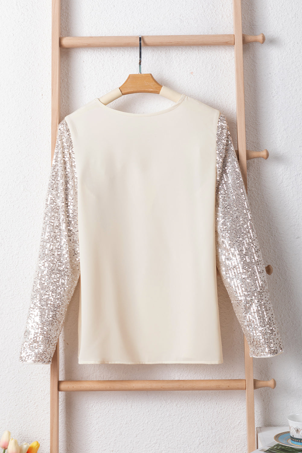 White Sequined Sleeves Patchwork V Neck Blouse