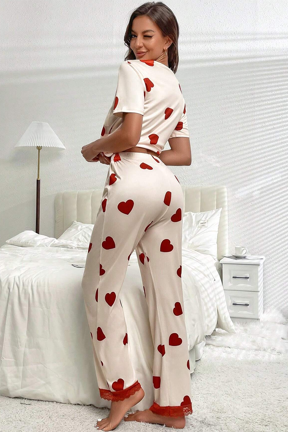 White Valentines Heart Print Lace Hem Tee Pants Pajama Set