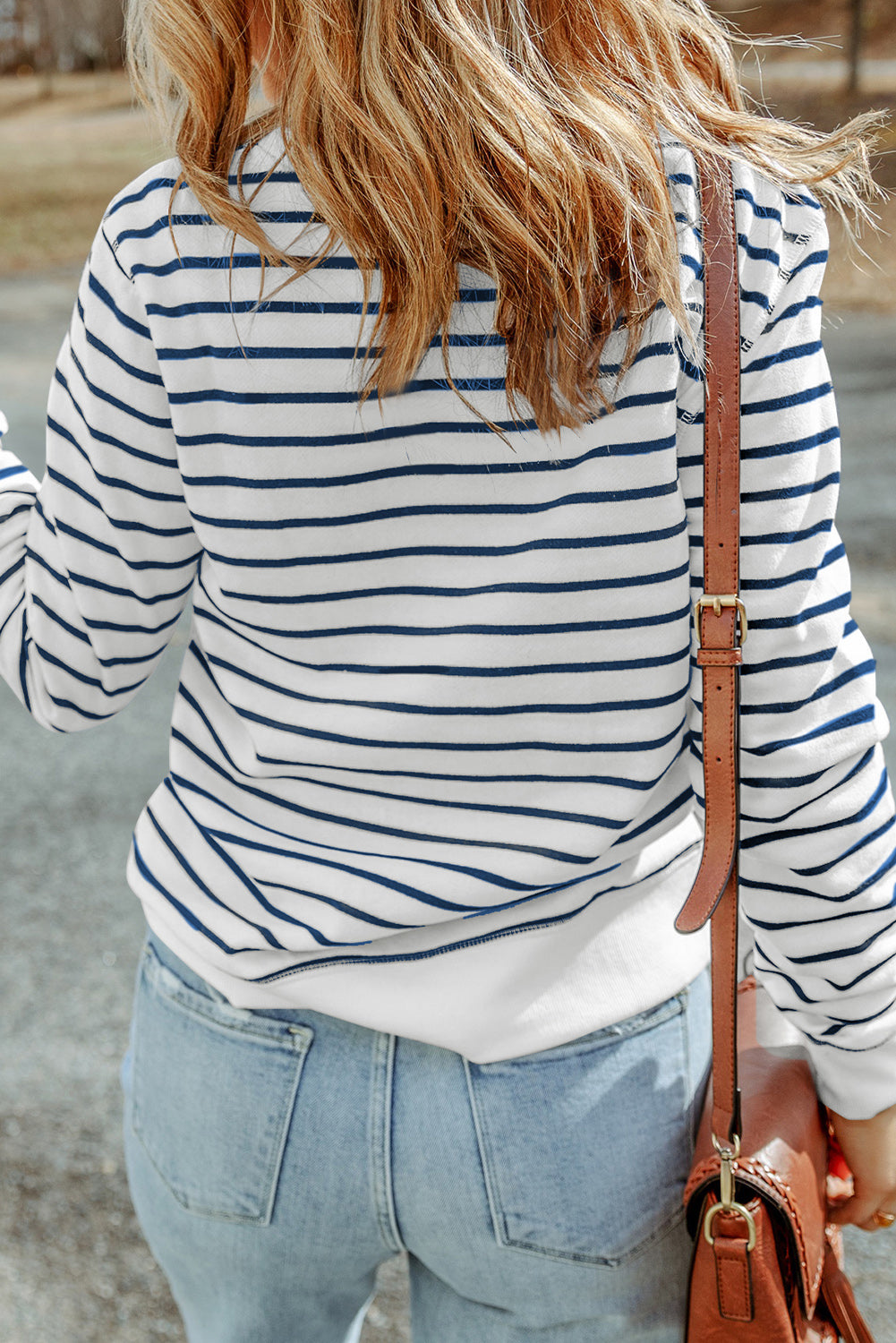 Striped Print Ribbed Trim Long Sleeve Top