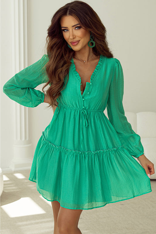 Sea Green Frilly V Neck Puff Sleeve Drawstring Shift Mini Dress