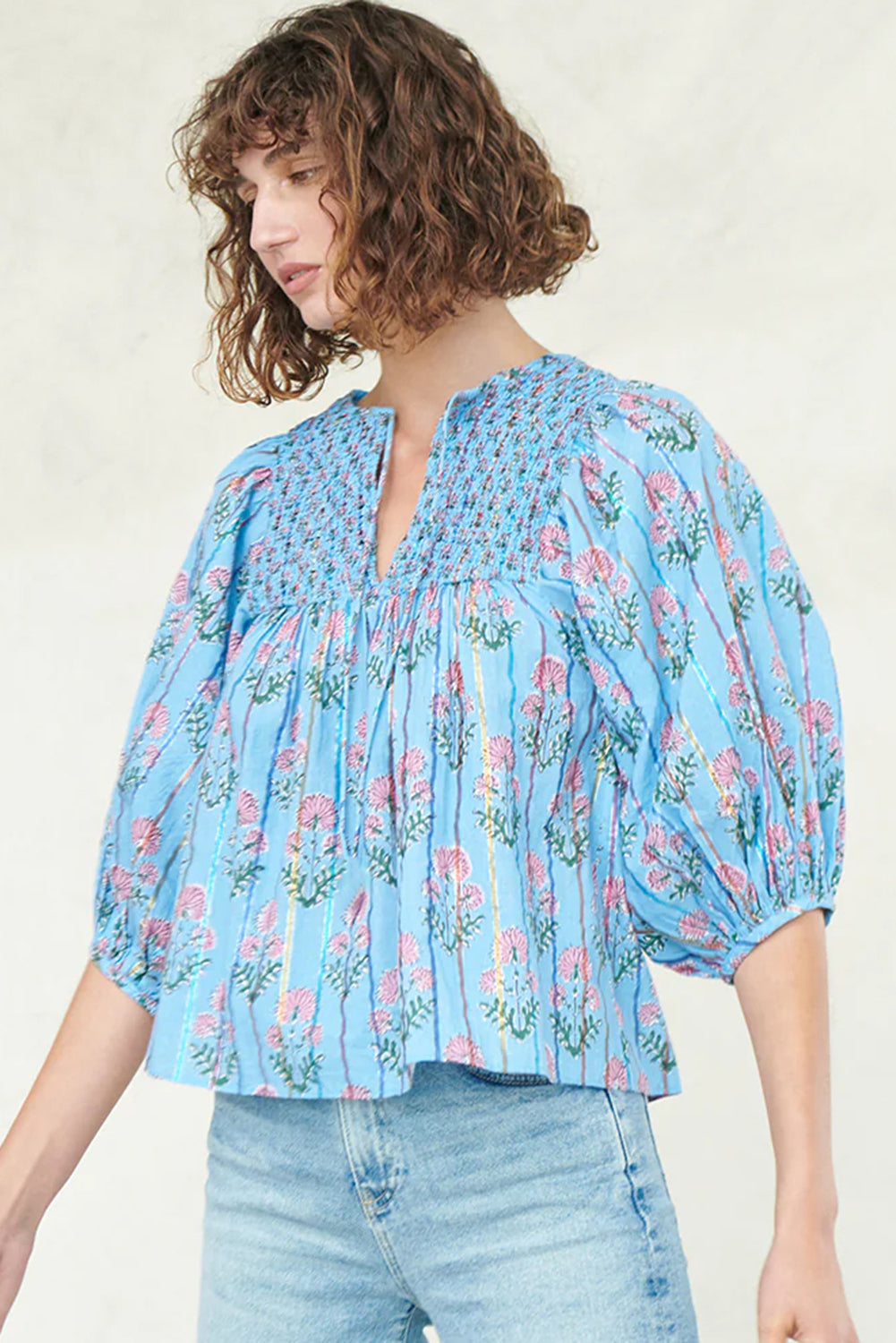 Sky Blue Floral Striped Print Shirred Yoke Split Neck Blouse