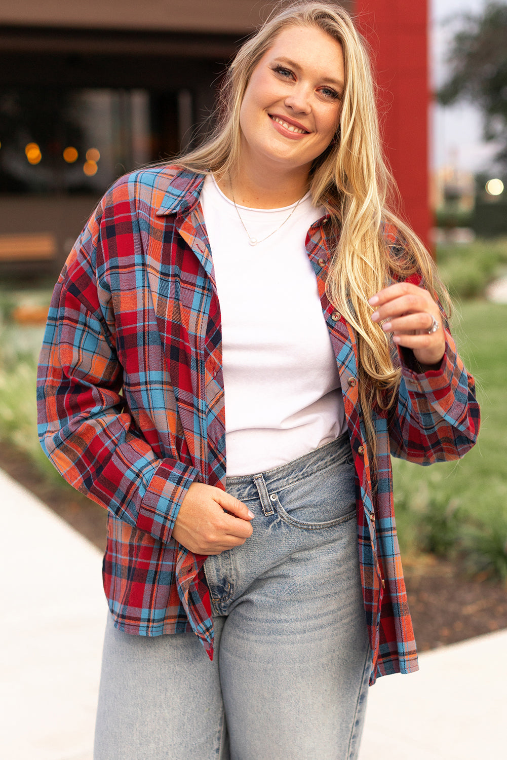 Red Plus Size Plaid Print Buttoned Shirt