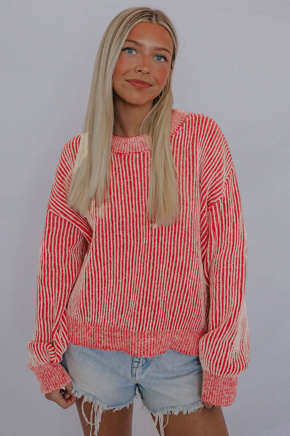 Striped Print Ribbed Trim Round Neck Sweater