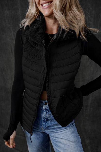 Black Plush Collared Quilted Zipped Puffer Vest