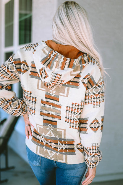 Beige Aztec Print Kangaroo Pocket Half-Zip Hoodie